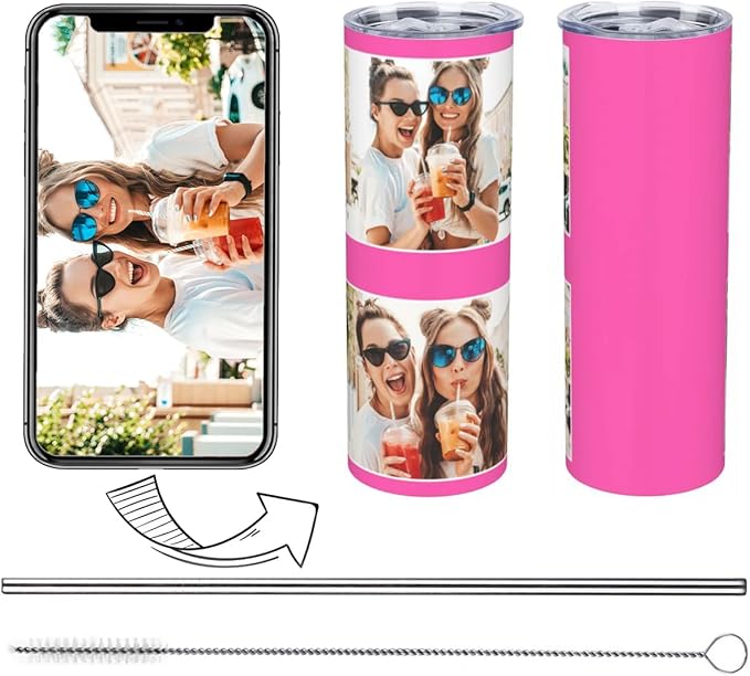 Personalized Custom tumbler Coffee Mug with Lid and Straw Hot and Cold Stainless Steel Vacuum Insulated Travel Mug with Photo Personalized tumbler Gift (20 oz, Cylinder，2 photos)