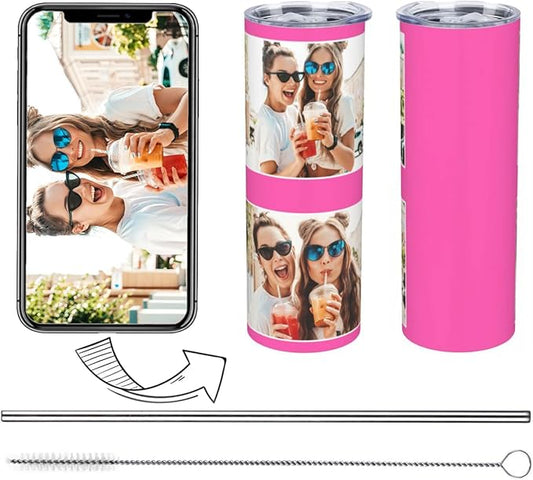 Personalized Custom tumbler Coffee Mug with Lid and Straw Hot and Cold Stainless Steel Vacuum Insulated Travel Mug with Photo Personalized tumbler Gift (20 oz, Cylinder，2 photos)