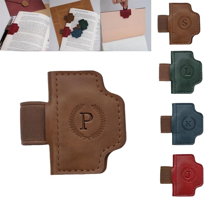 Personalized Magnetic Bygone Mark Bookmark with Pen Holder, 26 Letters Name Initial Custom Leather Book Mark for Women, Gifts for Book Lovers and Readers (Brown,P)