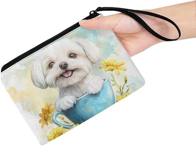 Dolyues White Dog Coin Wallet for Women Cute Money Pouch for Kids with Zipper and Wristlet Dog Coin Pouch Small Change Pouch for Shopping Party