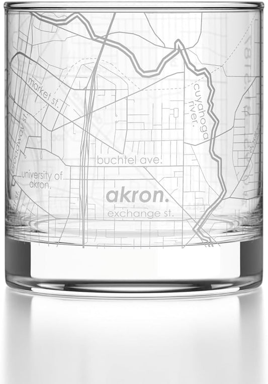 Well Told Engraved Akron Ohio Map Rocks Glass, Old Fashioned Glassware (11 oz, Clear) Etched Bourbon Tumbler, Gifts For Whiskey Lovers
