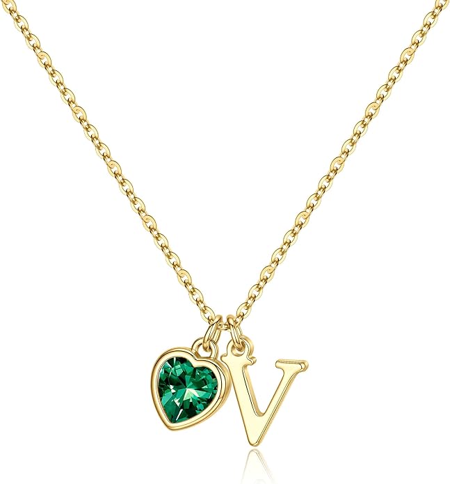 Turandoss Valentines Day Gifts for Her Trendy, Dainty 14K Gold Plated Initial A-Z Heart Birthstone Pendant Necklace Personalized Bridesmaid Birthday Valentines Jewelry Gifts for Women Girls