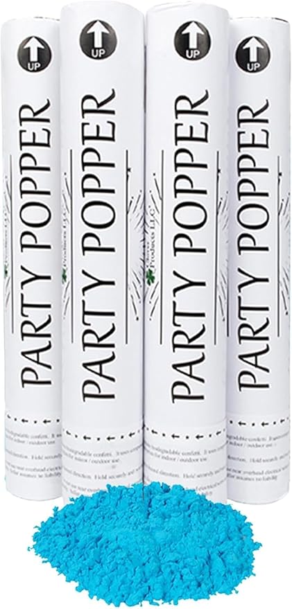 Clover Products Gender Reveal Confetti Poppers – Biodegradable Powder cannon - Blue, 4 Pack - Baby Boy Smoke Bombs - Powder Cannon Party Poppers Blue Party Supplies- Includes FREE “It’s a Boy” Balloon