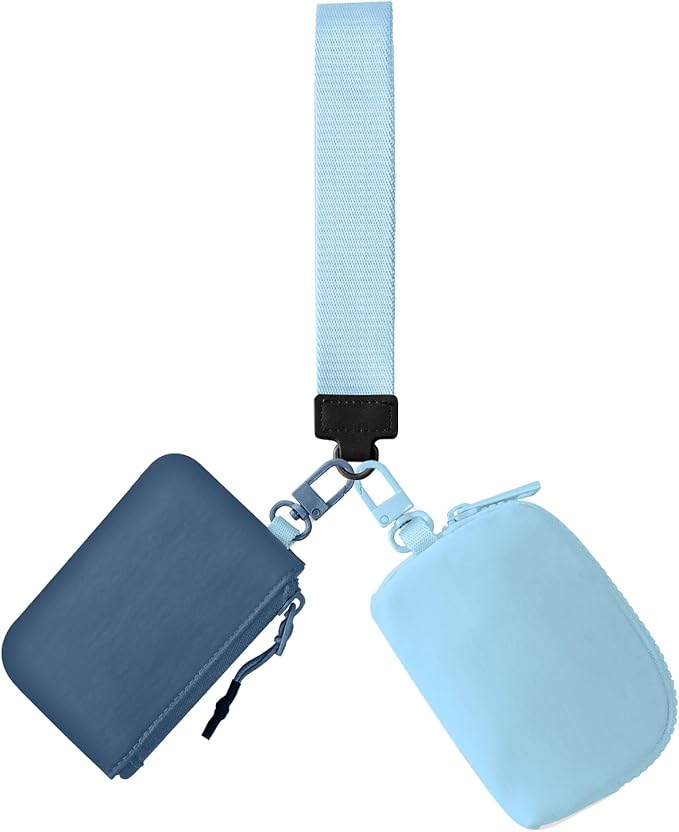 Dual Pouch Wristlet Keychain Wallets for Women with 2 Detachable Zipper Coin Purse - Small and Portable Mini Card Wallet for Women Men Navy+Sky Blue
