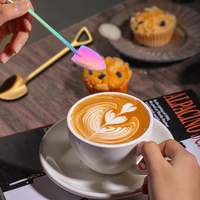 Rolin Roly 6Pcs Colourful Shovel Spoons Coffee Teaspoons Stainless Steel Dessert Spoon Set Rainbow Dinner Spoons Cute Demitasse Scoop for Stirring Drink Mixing Milkshake Jam