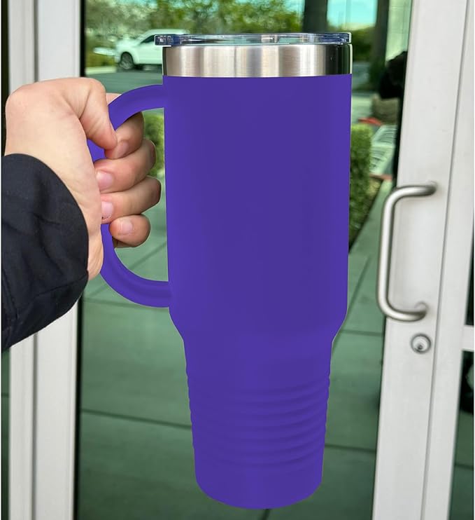 LaserGram 40oz Vacuum Insulated Travel Mug with Handle, Bronco Rider, Personalized Engraving Included (Dark Purple)