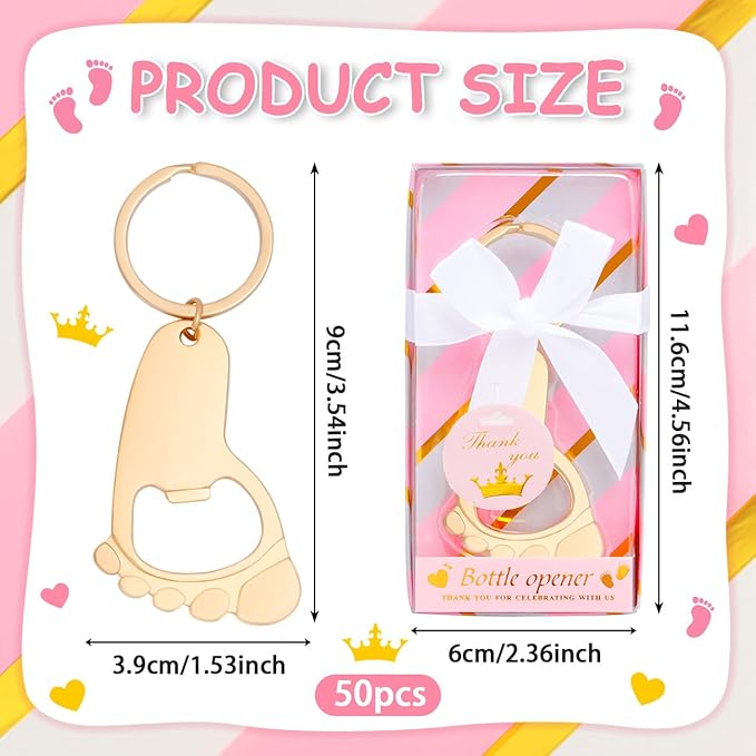 50Pcs Baby Girl Foot Keychain Footprint Bottle Openers Small Foot Bottle Opener Keychain Souvenir for Guests Baby Shower Return Gift for Party Favors with Pink Boxes Gifts or Decorations