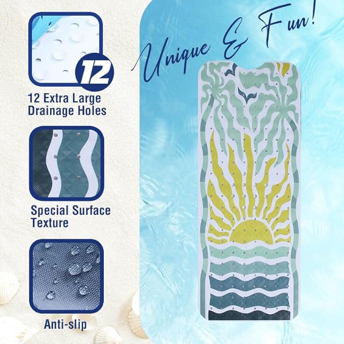 Non Slip Bathtub Mat for Kids Extra Long Anti Slip Bath Mat for Tub Abstract Art Sun Bath Shower Mat with Large Drain Holes and Suction Cups Quality Tropical Palm Tree Design Bathroom Decor 40x16in