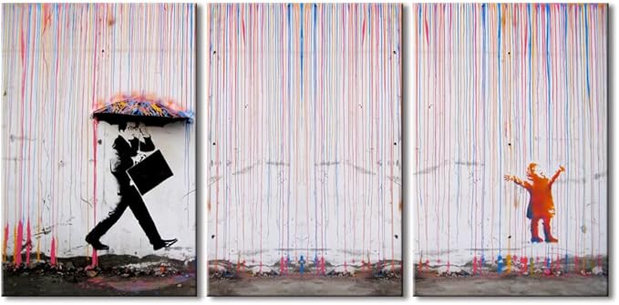 Wieco Art 3 Piece Banksy Famous Canvas Paintings Wall Art Raining day Modern Large Inspirational Grey Love Pictures Print Artwork for Dining Room Kitchen Home Office Decor