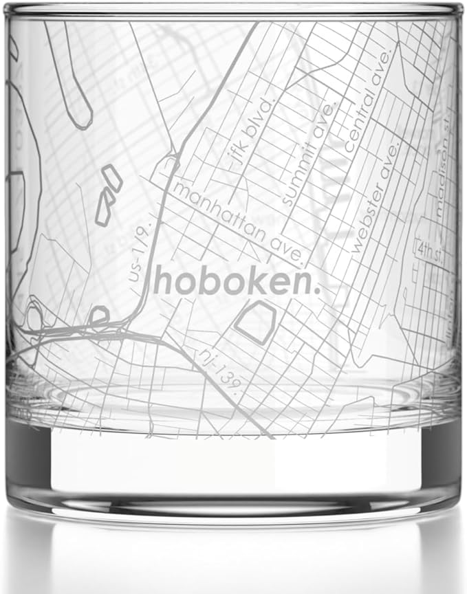 Well Told Engraved Hoboken New Jersey Map Rocks Glass, Old Fashioned Glassware (11 oz, Clear) Etched Bourbon Tumbler, Gifts For Whiskey Lovers