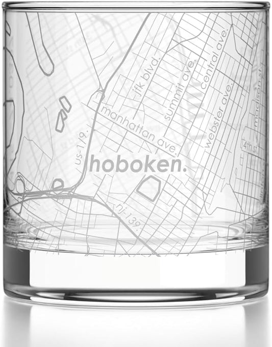 Well Told Engraved Hoboken New Jersey Map Rocks Glass, Old Fashioned Glassware (11 oz, Clear) Etched Bourbon Tumbler, Gifts For Whiskey Lovers