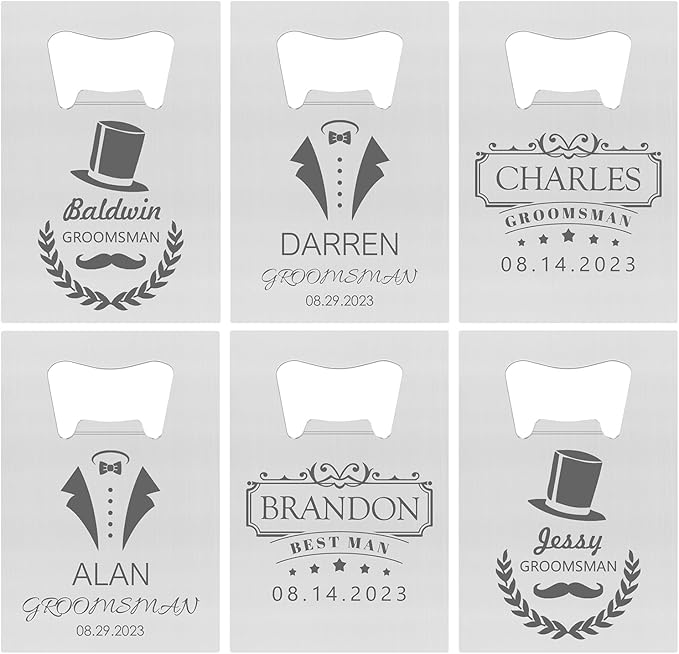 6PCSPersonalized Bottle Openers Credit Card Size, Groomsmen Best Man Gifts for Wedding Bachelor Party, Stainless Steel Beer Bottle Opener