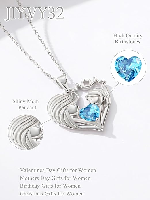 Mother and Daughter/Son Love Heart Necklace White Gold/14K Gold/Rose Gold Birthstone Jewelry Christmas Mothers Day Birthday Gifts For Mom Wife Grandma Women