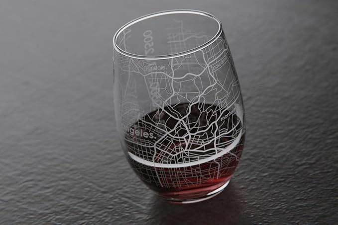 Well Told Engraved Los Angeles California Map Stemless Wine Glass, Etched Glass (15 oz, Clear) City Custom Gifts for Lovers