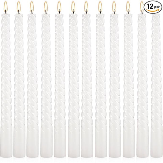 10 Inch White Spiral Taper Candle Set of 12 Pack Unscented Dripless Candlesticks for Valentine's Day,Dinner,Party,Brithday,Wedding,Christmas,and Home Decoration