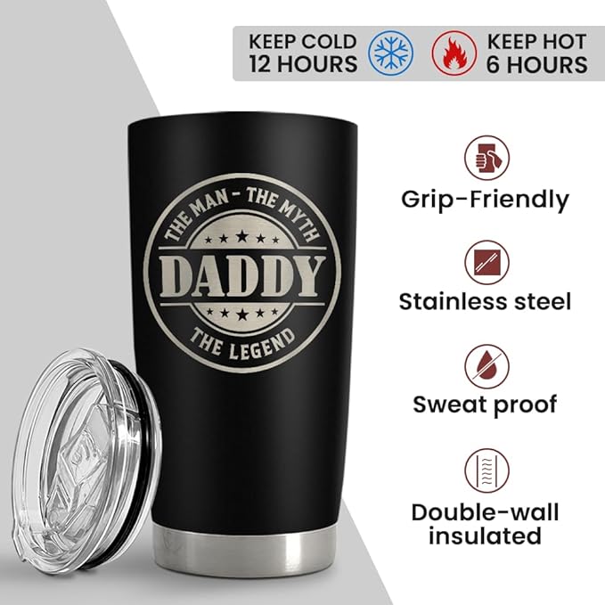 SANDJEST Daddy The Man The Myth The Legend Tumbler with Lid - 20oz Insulated Stainless Steel Mug - Coffee Mug for Sport Office Travel