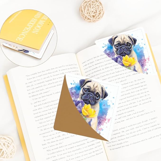 2PCS Leather Bookmarks 3.54 x 3.54 Inch Cute Pug Dog with Flowers Design Reading Accessories for Books Journals Bibles Travel Diary Students Teachers and Book Lovers Gift