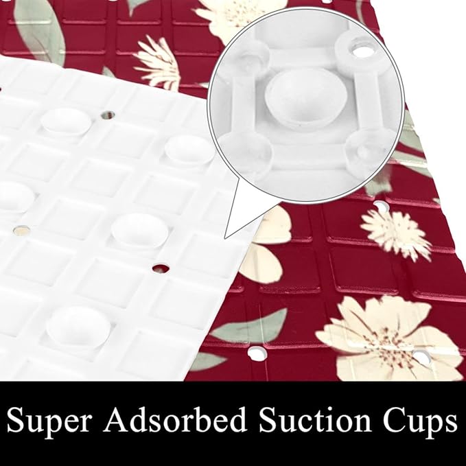 Bath Tub Mat Non Slip 15.1 x 26.8 Inch, Small White Flowers and Leaves on Deep Red Background Eco Friendly Bathmat with Suction Cups Drain Holes Shower Tub Mats