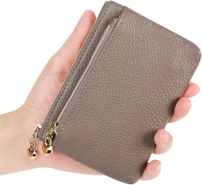 Women's Genuine Leather Coin Purse Zipper Pocket Size Pouch Change Wallet, Grey Purple