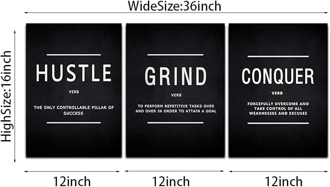 BWSPACE Inspirational Wall Decor, Motivational Canvas Wall Art, grind hustle wall art 3 Pieces Wall Art Decorations for Office Living Room and Bedroom Decor (36" W x 16" H, HGC)