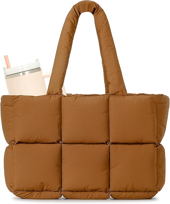 Herald Puffer Tote Bag for Women, Large Quilted Puffy Handbag Lightweight Satchel Purse with Cup Holder & Compartment