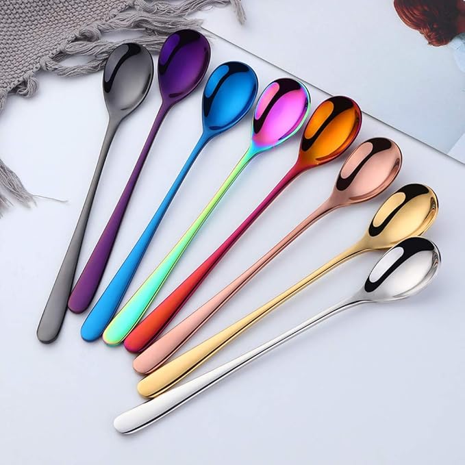Buyer Star 8-Inch Long Handle Iced Tea Spoons, Ice Cream Spoon, Stainless Steel Cocktail Stirring Spoons, Set of 8 (Coloured)