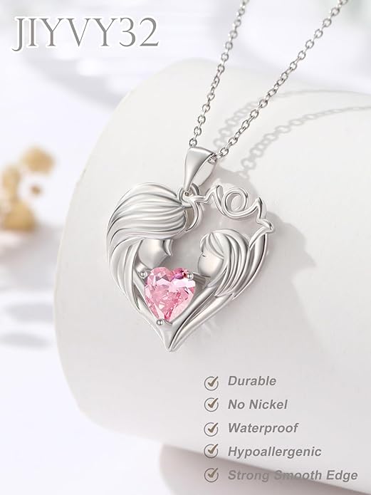 Mother and Daughter/Son Love Heart Necklace White Gold/14K Gold/Rose Gold Birthstone Jewelry Christmas Mothers Day Birthday Gifts For Mom Wife Grandma Women