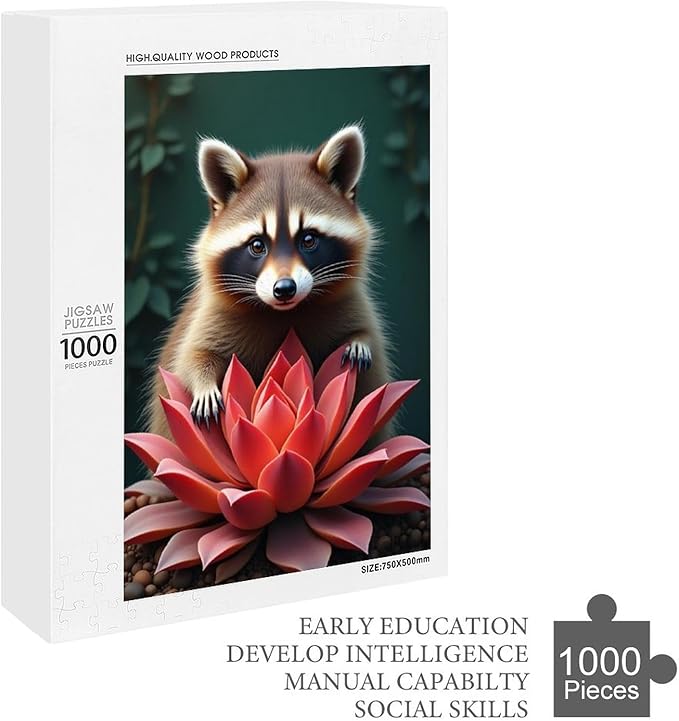 Puzzles for Adults 1000 Pieces Wooden Jigsaw Puzzle - Succulent & Cute Raccoon Theme Puzzle，Party Games，Family Toys，Educational Puzzles，Stress Relief Wooden Puzzle，Gifts for Family and Friends
