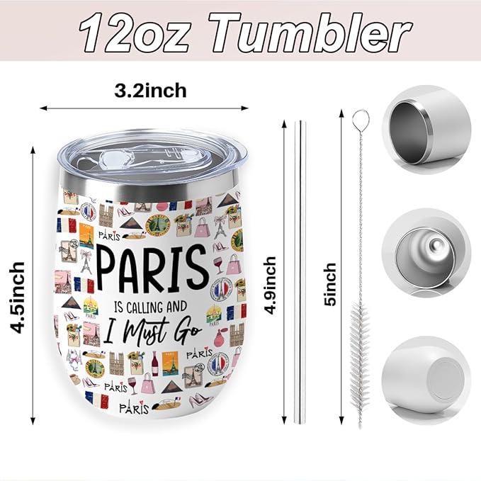 France Gifts Travel Souvenir Wine Tumbler 12 oz Insulated Wine Glass Cup with Lid Straw Vacuum Cup,Paris Lover for Women Men Friend Bestie Birthday Christmas Trip Gifts Favors