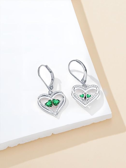 Heart Leverback Earrings Double Birthstone Dangle Earrings for Women, Love Jewelry for Her, Christmas Gifts for Women, Anniversary Birthday Gift for Mom Wife Girlfriend