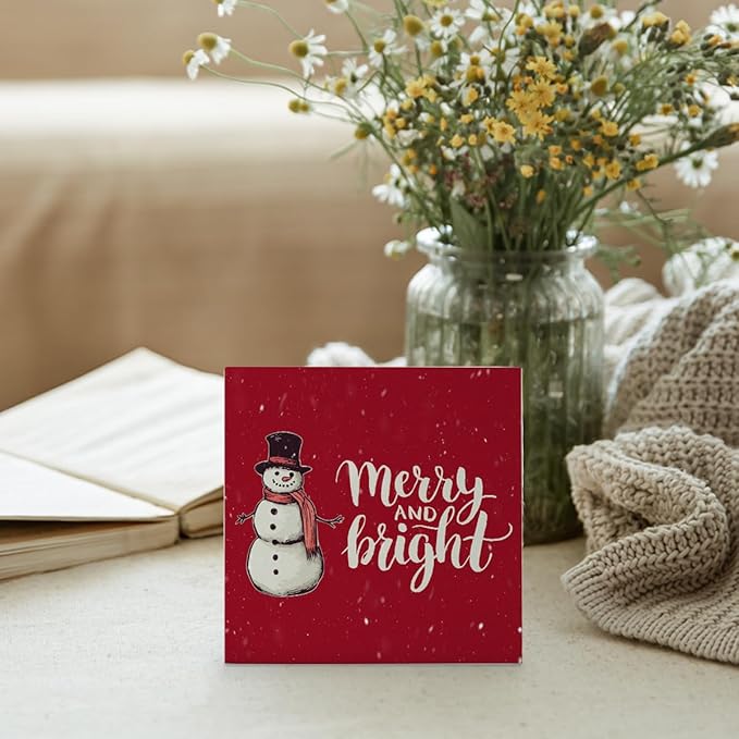 Mtrgdn Christmas Snowman Decor, Merry Christmas Decorations Indoor, Christmas Decor for Table Wood Box Sign,winter Decor for Home Table ,Red Farmhouse Winter Wooden Decorations Merry and Bright