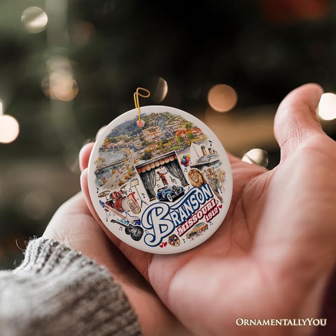 Culturally Vibrant Branson City Ceramic Ornament, Missouri Souvenir and Christmas Tree Decor (Circle)