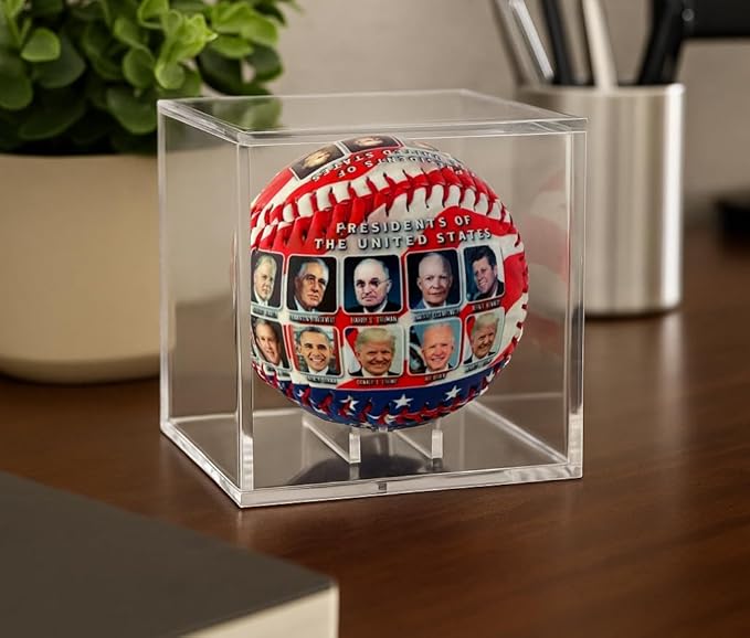 Presidents of The United States Collectible Baseball – Patriotic Red White & Blue Keepsake with U.S. Presidents Portraits in Clear Acrylic Display Case – American History Souvenir Gift