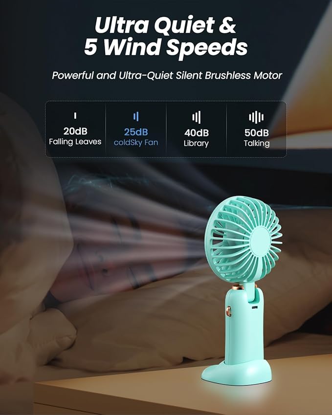 coldSky Portable Handheld Fan, 4000mAh Battery Operated Fan with LED Display, Handheld/Neck/Desk 3 in 1 Personal Small Fans, 90° Foldable Desk Fan with Base, 5 Speed Makeup Lash Fan for Women Green