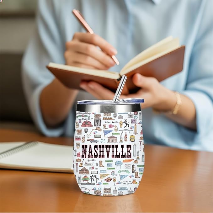 Nashville Gifts Travel Souvenir Wine Tumbler 12 oz Insulated Wine Glass Cup with Lid Straw Vacuum Insulated Cup,Travel Lover Gifts for Women Men Friend Birthday Christmas Halloween
