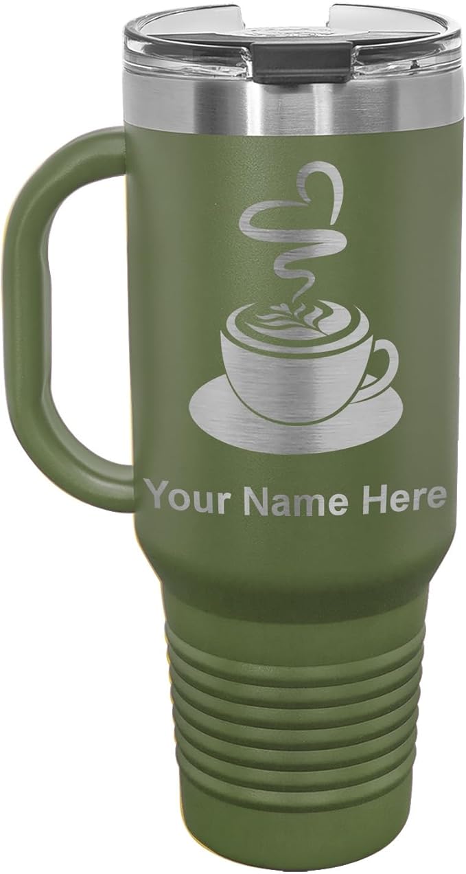 LaserGram 40oz Vacuum Insulated Travel Mug with Handle, Cup of Coffee, Personalized Engraving Included (Camo Green)