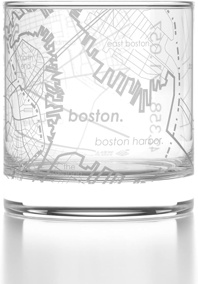 Well Told Engraved Boston Massachusetts Map Rocks Glass, Old Fashioned Whiskey Glass (11 oz, Clear) Etched Whiskey Glass, Gifts For Whiskey Lovers