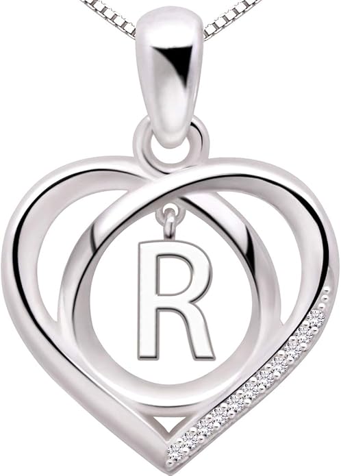 ALOV Jewelry Sterling Silver Initial Letter Alphabet Love Heart Cubic Zirconia Pendant Necklace