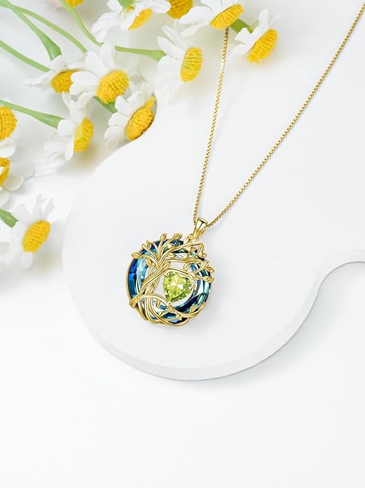 TOUPOP Tree of Life Birthstone Necklace 925 Sterling Silver Pendant Austrian Crystal Jewelry Anniversary Valentine's Day Birthday Gifts for Women Mom Her Wife