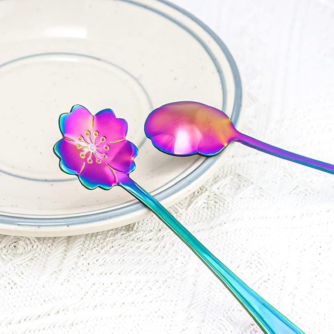 8 Pieces Rainbow Flower Spoon Coffee Teaspoon Set, Stainless Steel Reusable Cute Tea Spoon for Drink Mixing Milkshake Jam, 8 Different Patterns