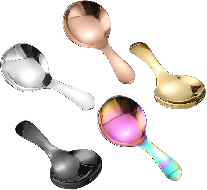 5 Pcs Stainless Steel Short Handle Thickened Small Round Spoons For Honey Candy Coffee Tea Salt Jam and Mustard - Ice Cream Dessert Spoon (A Multicolour)
