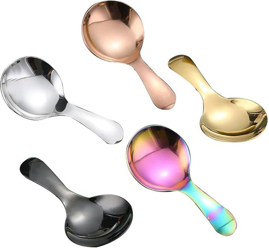 5 Pcs Stainless Steel Short Handle Thickened Small Round Spoons For Honey Candy Coffee Tea Salt Jam and Mustard - Ice Cream Dessert Spoon (A Multicolour)