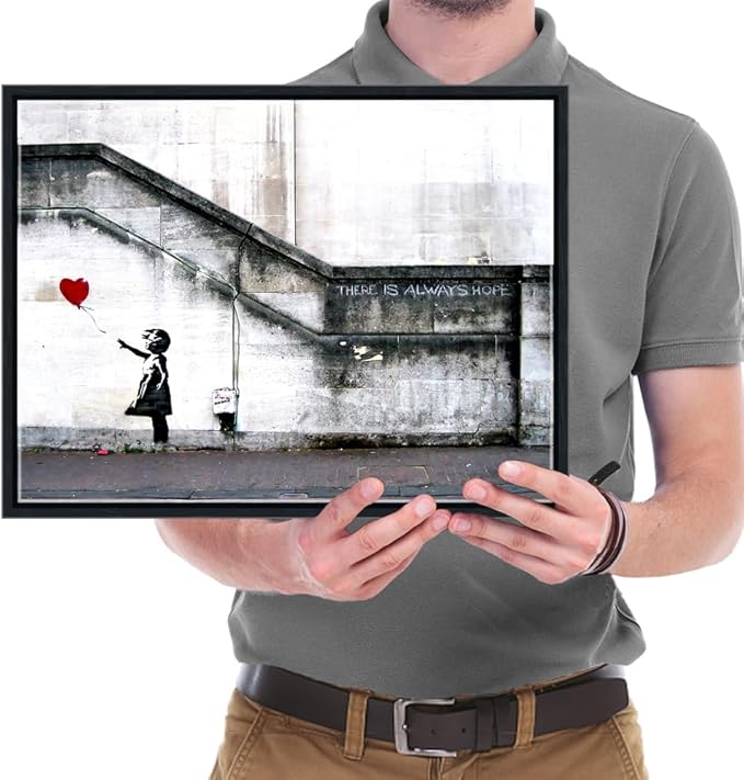 Wieco Art Framed Canvas Wall Art Giclee Canvas Prints of Banksy Grafitti Girl with Red Balloon Abstract Artwork for Wall Decor Home Decorations Black Frame