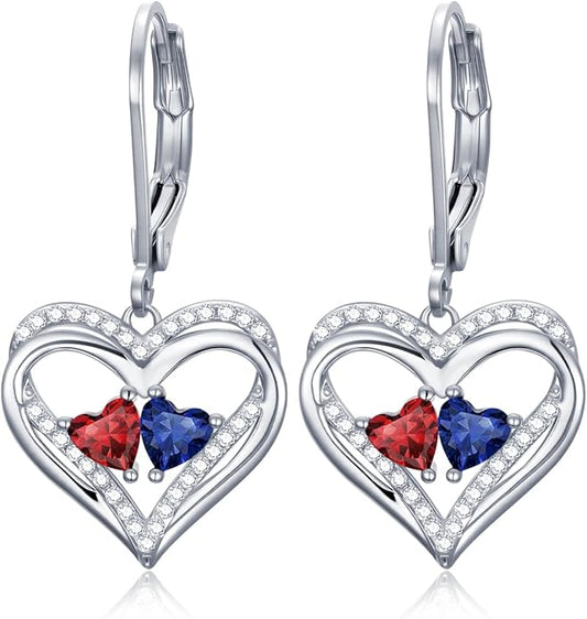 Heart Leverback Earrings Double Birthstone Dangle Earrings for Women, Love Jewelry for Her, Christmas Gifts for Women, Anniversary Birthday Gift for Mom Wife Girlfriend