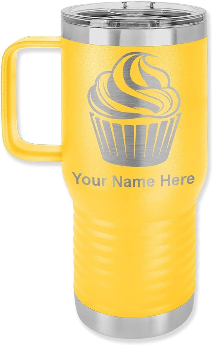 LaserGram 20oz Vacuum Insulated Travel Mug with Handle, Cup Cake, Personalized Engraving Included (Yellow)