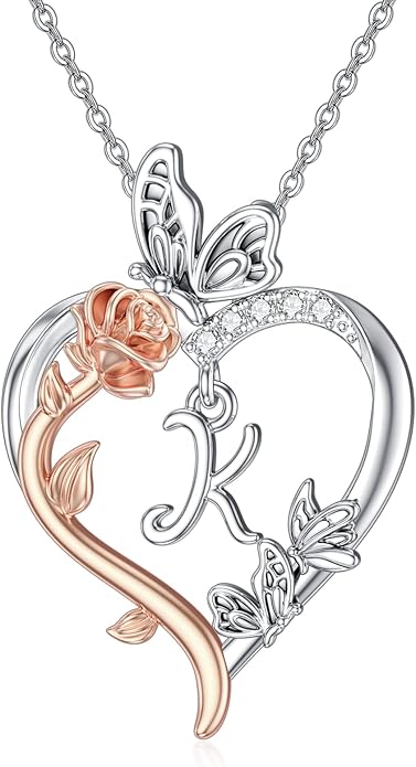 TOUPOP Rose Heart Necklaces Gifts for Women 925 Sterling Silver Butterfly Heart Initial Necklace Anniversary Valentines Day Birthday Jewelry Gifts for Mom Her Wife Girlfriend Daughter