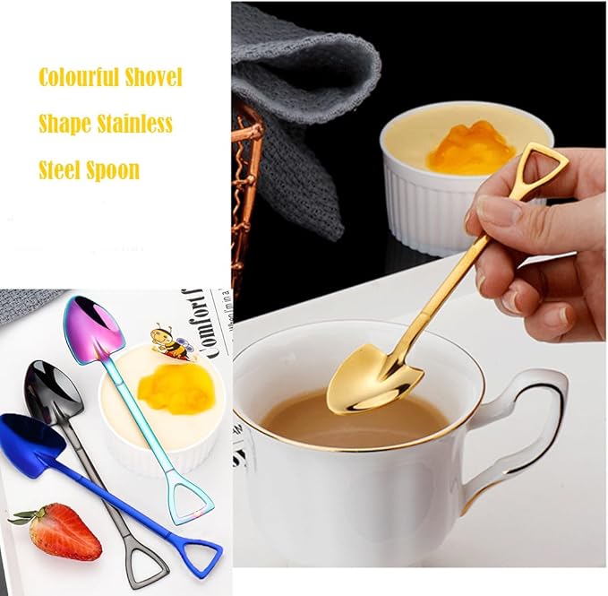 Rolin Roly 6Pcs Colourful Shovel Spoons Coffee Teaspoons Stainless Steel Dessert Spoon Set Rainbow Dinner Spoons Cute Demitasse Scoop for Stirring Drink Mixing Milkshake Jam