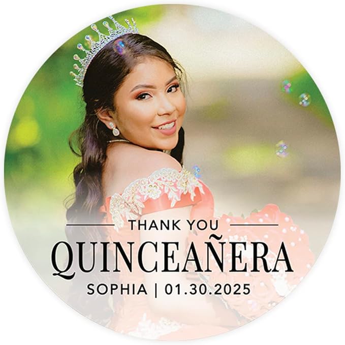Andaz Press 40-Pack Personalized 2" Round Circle Quinceañera Labels, Thank You Sticker Labels with Custom Photo for Mis Quince Favors, Invitations, XV, 15th Birthday, Quinceanera Decorations