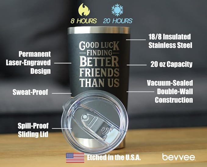 Good Luck Finding Better Friends Than Us - Insulated Coffee Tumbler Cup with Sliding Lid - Stainless Steel Insulated Mug - Funny Farewell Gift For Best Friend Moving Away - Black