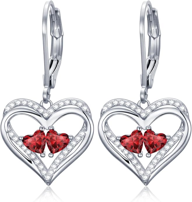 Heart Leverback Earrings Double Birthstone Dangle Earrings for Women, Love Jewelry for Her, Christmas Gifts for Women, Anniversary Birthday Gift for Mom Wife Girlfriend